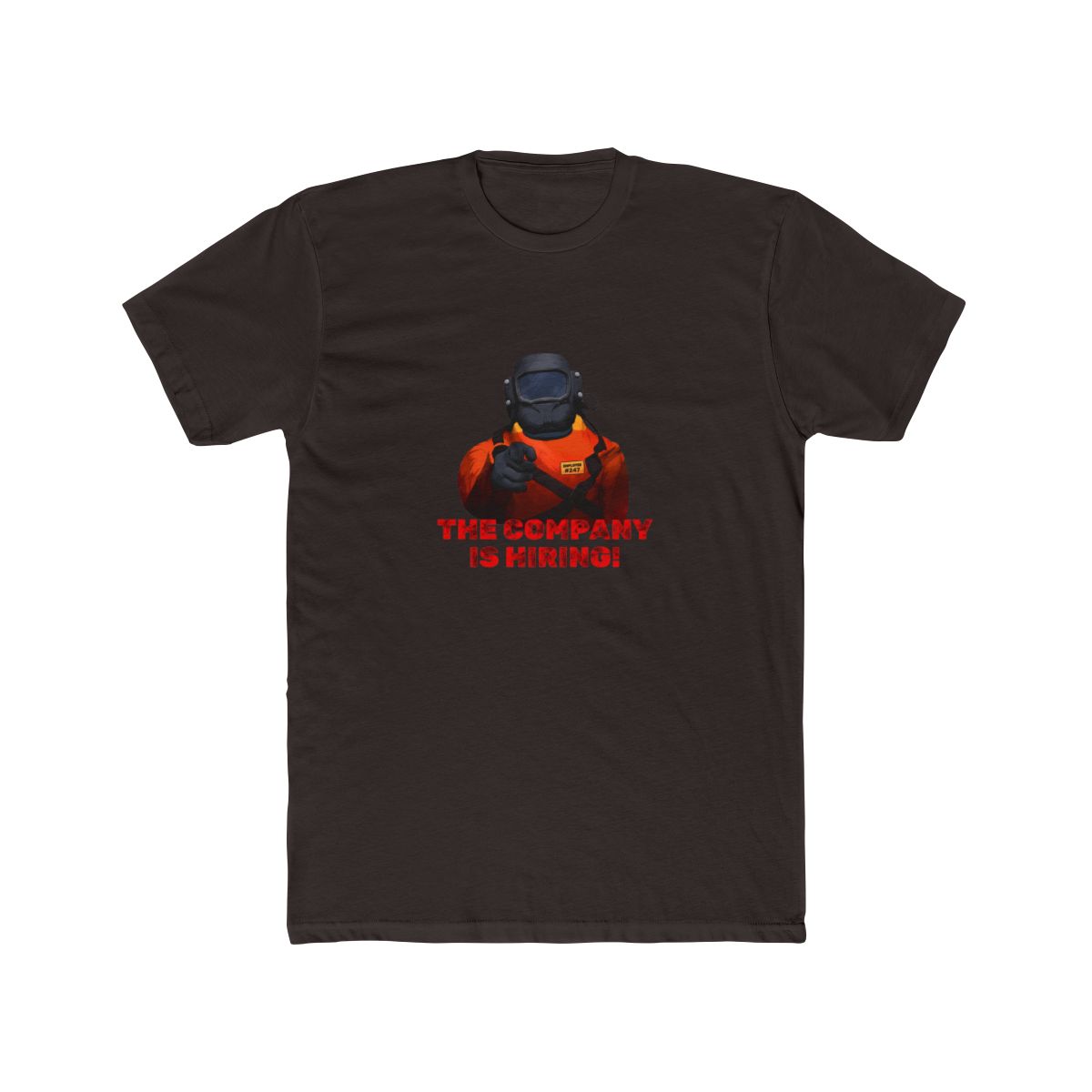 Black T Shirt with a cartoon welder illustration and the red text "THE COMPANY IS HIRING!". The background is a collage of Japanese-themed images