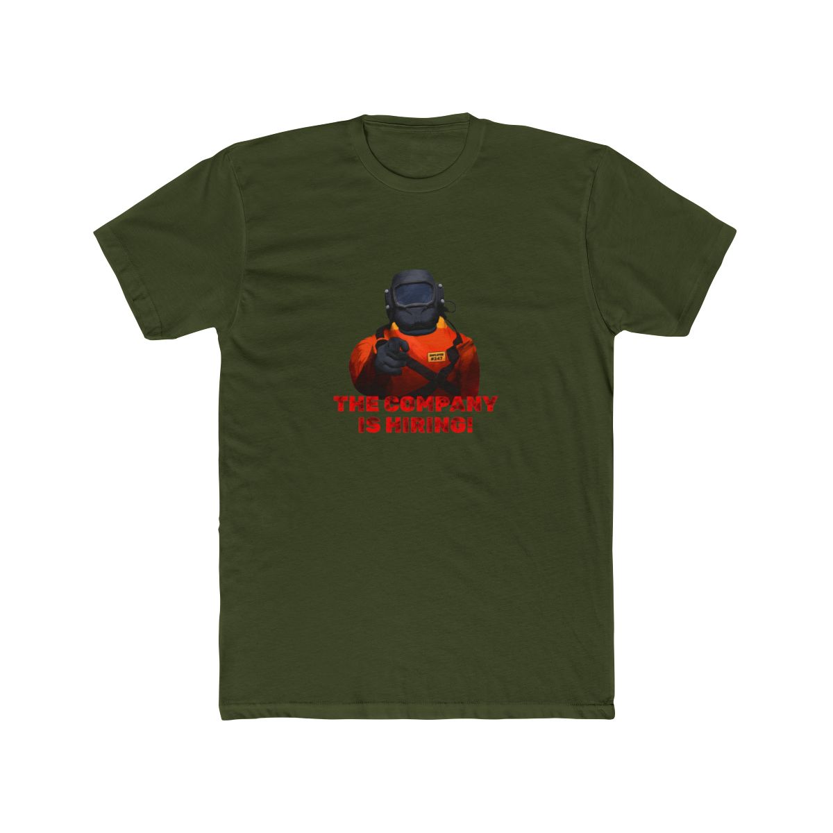 Black T Shirt with a cartoon welder illustration and the red text "THE COMPANY IS HIRING!". The background is a collage of Japanese-themed images - alternate angle 3, merchandise